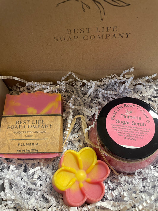 Plumeria soap and sugar scrub gift box
