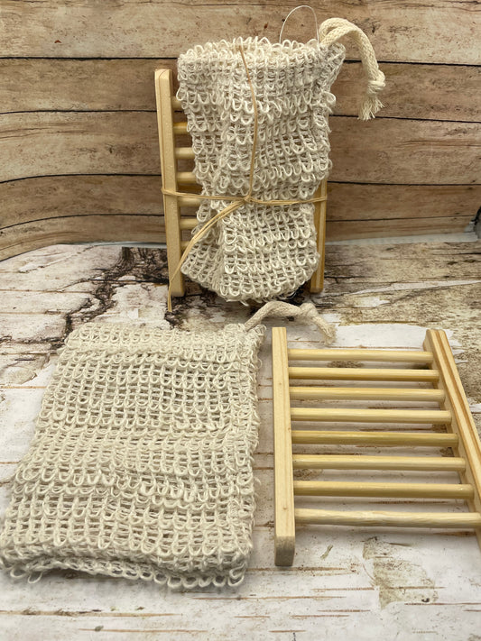 Soap saver bag and natural colored wooden soap dish
